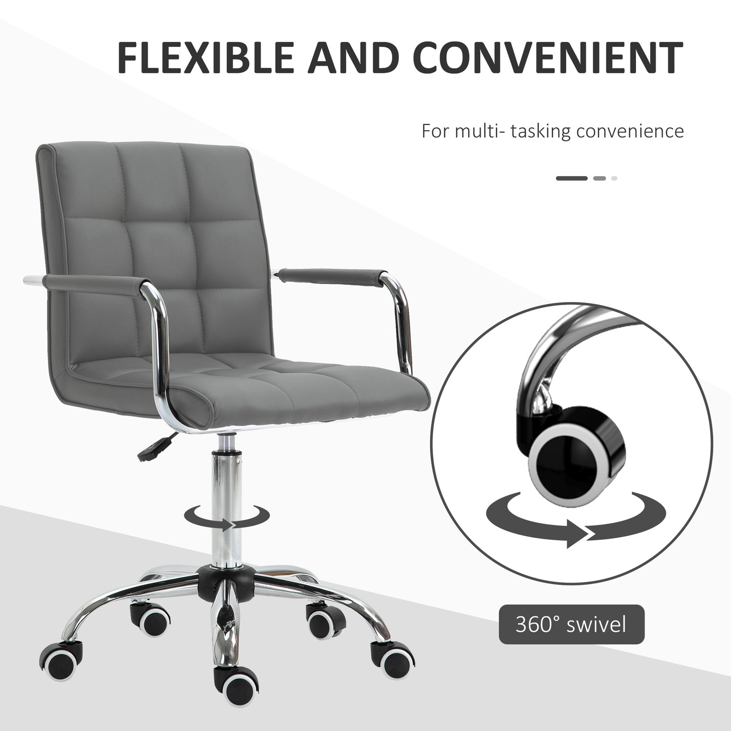 Image for Vinsetto Mid Back PU Leather Home Office Desk Chair Swivel Computer Chair with Arm, Wheels, Adjustable Height, Grey