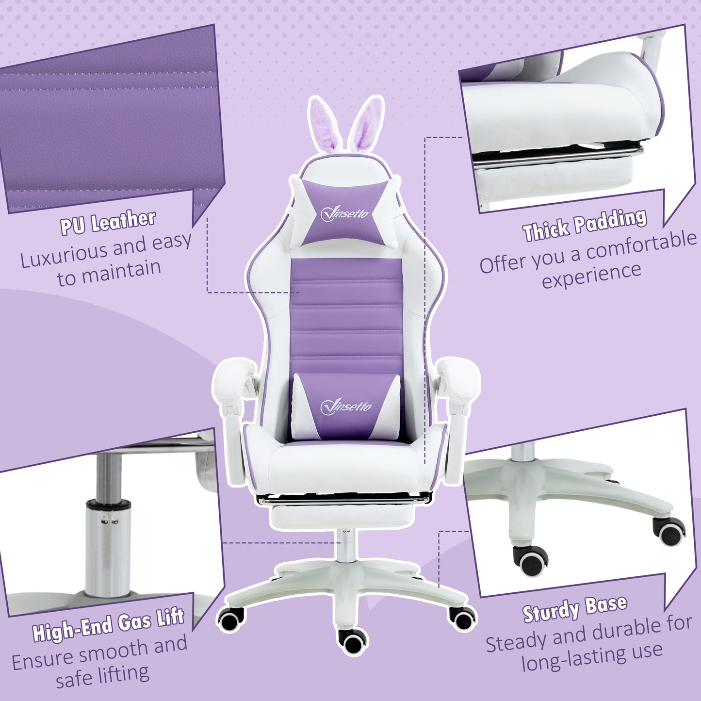 Image for Vinsetto Racing Gaming Chair, Reclining PU Leather Computer Chair with Removable Rabbit Ears, Footrest, Headrest and Lumber Support, Purple