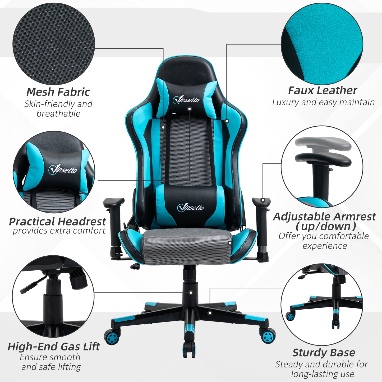 Image for Vinsetto Gaming Chair Racing Style Ergonomic Office Chair High Back Computer Desk Chair Adjustable Height Swivel Recliner with Headrest Sky Blue