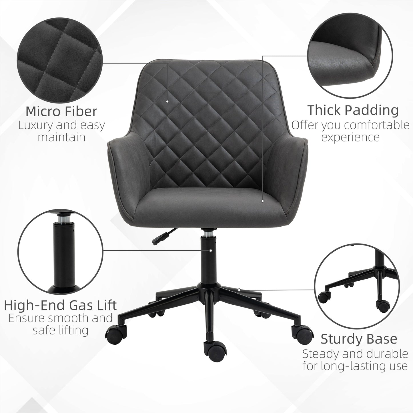 Image for Vinsetto Swivel Office Chair Leather-Feel Fabric Home Study Leisure with Wheels, Grey