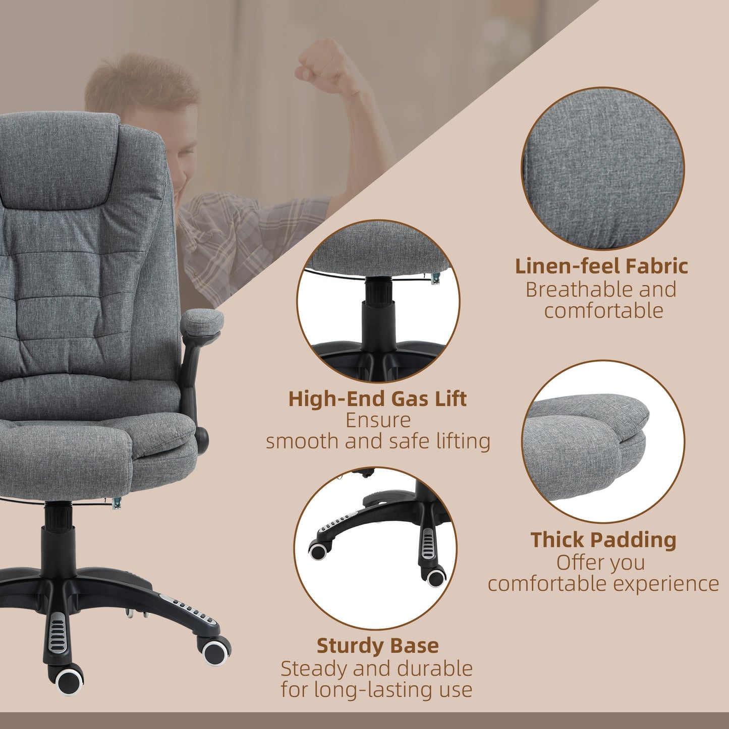 Image for Vinsetto Massage Recliner Chair Heated Office Chair with Six Massage Points Linen-Feel Fabric 360° Swivel Wheels Grey