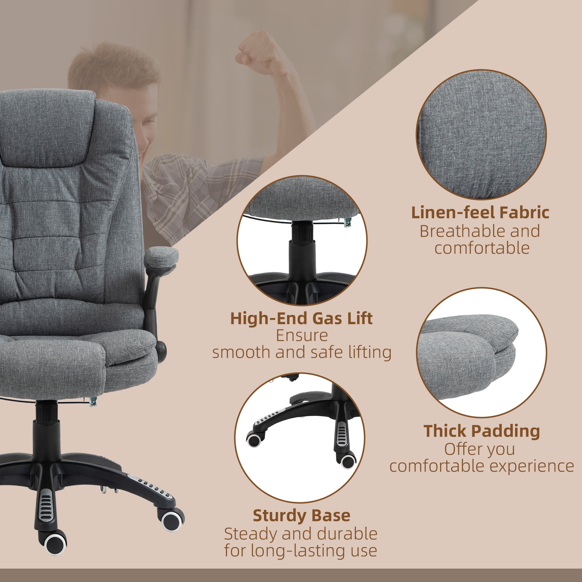 Image for Vinsetto Massage Recliner Chair Heated Office Chair with Six Massage Points Linen-Feel Fabric 360° Swivel Wheels Grey