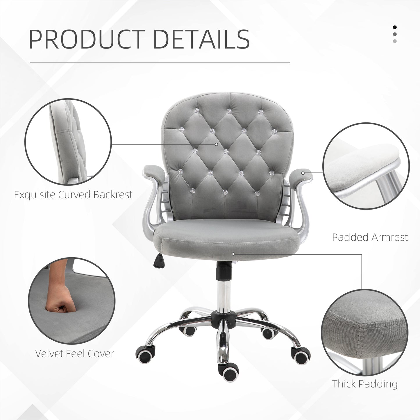 Image for Vinsetto Office Chair Ergonomic 360° Swivel Diamond Tufted Home Work Velour Padded Base 5 Castor Wheels Grey