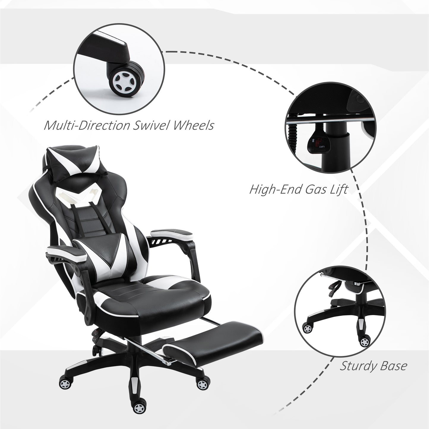 Image for Vinsetto Ergonomic Racing Gaming Chair Office Desk Chair Adjustable Height Recliner with Wheels, Headrest, Lumbar Support, Retractable Footrest White