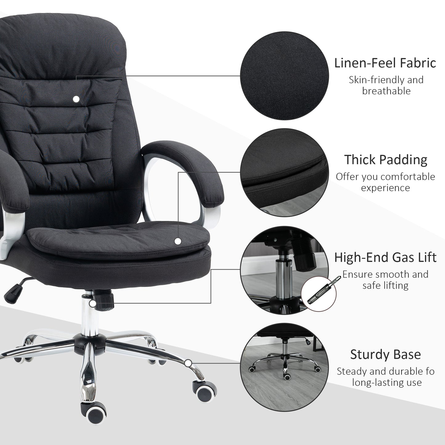 Image for Vinsetto Ergonomic Office Chair Task Chair for Home with Arm, Swivel Wheels, Linen Fabric, Black