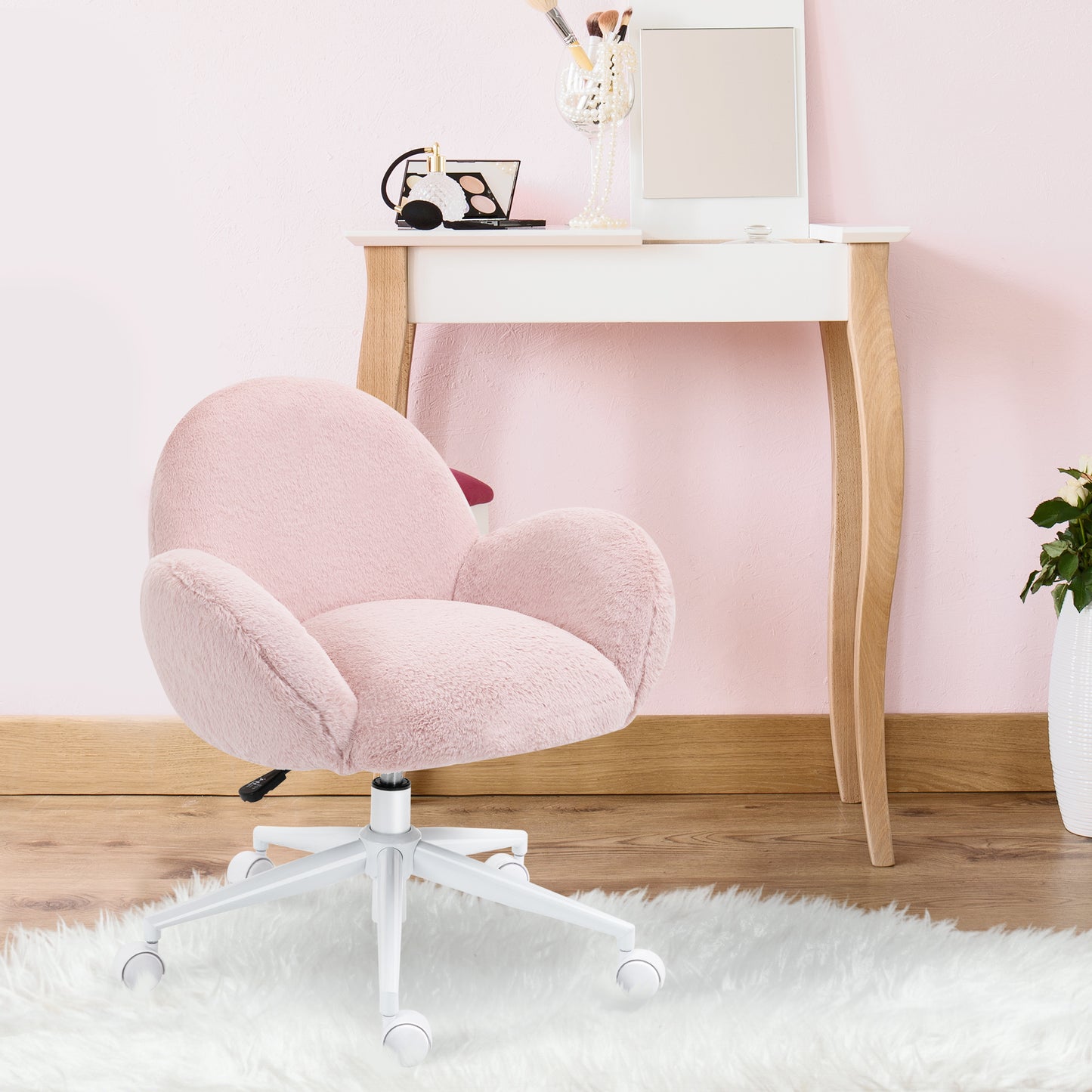 Image for HOMCOM Fluffy Leisure Chair Office Chair with Backrest and Armrest for Home Bedroom Living Room with Wheels Pink