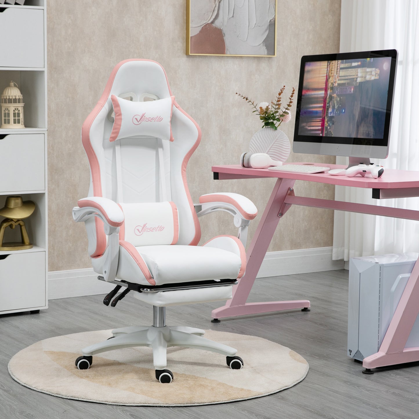 Image for Vinsetto Racing Gaming Chair, Reclining PU Leather Computer Chair with 360 Degree Swivel Seat, Footrest, Removable Headrest White and Pink