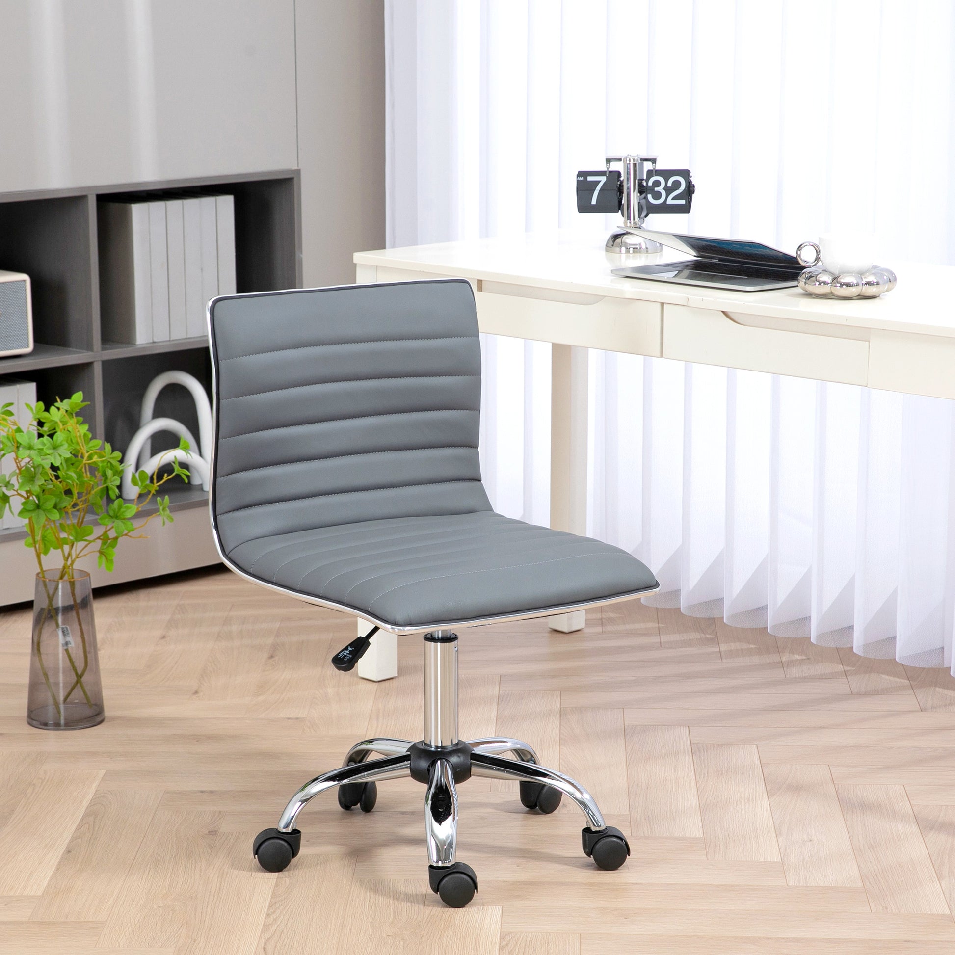 Image for Vinsetto Adjustable Swivel Office Chair with Armless Mid-Back in PU Leather and Chrome Base - Light Grey