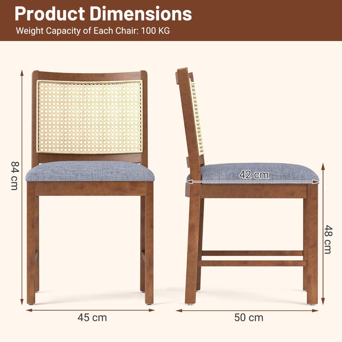 Rattan Dining Chair Set of 4 with Rubber Wood Frame and Linen Fabric Padded-Walnut