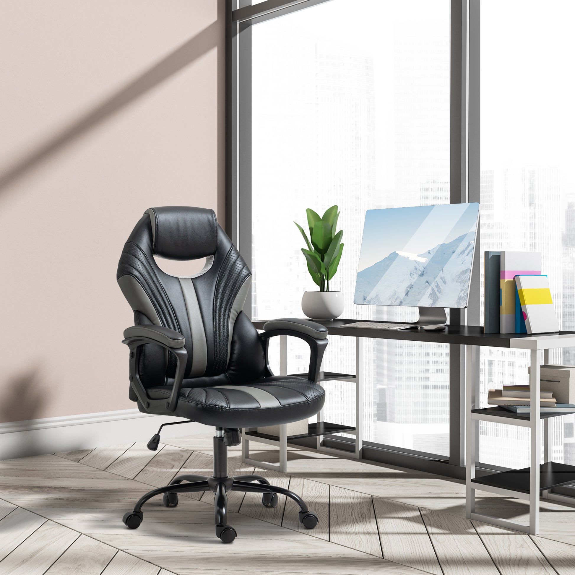 Image for Vinsetto Racing Gaming Chair, Home Office Computer Desk Chair, Faux Leather Gamer Chair with Swivel Wheels, Black Grey