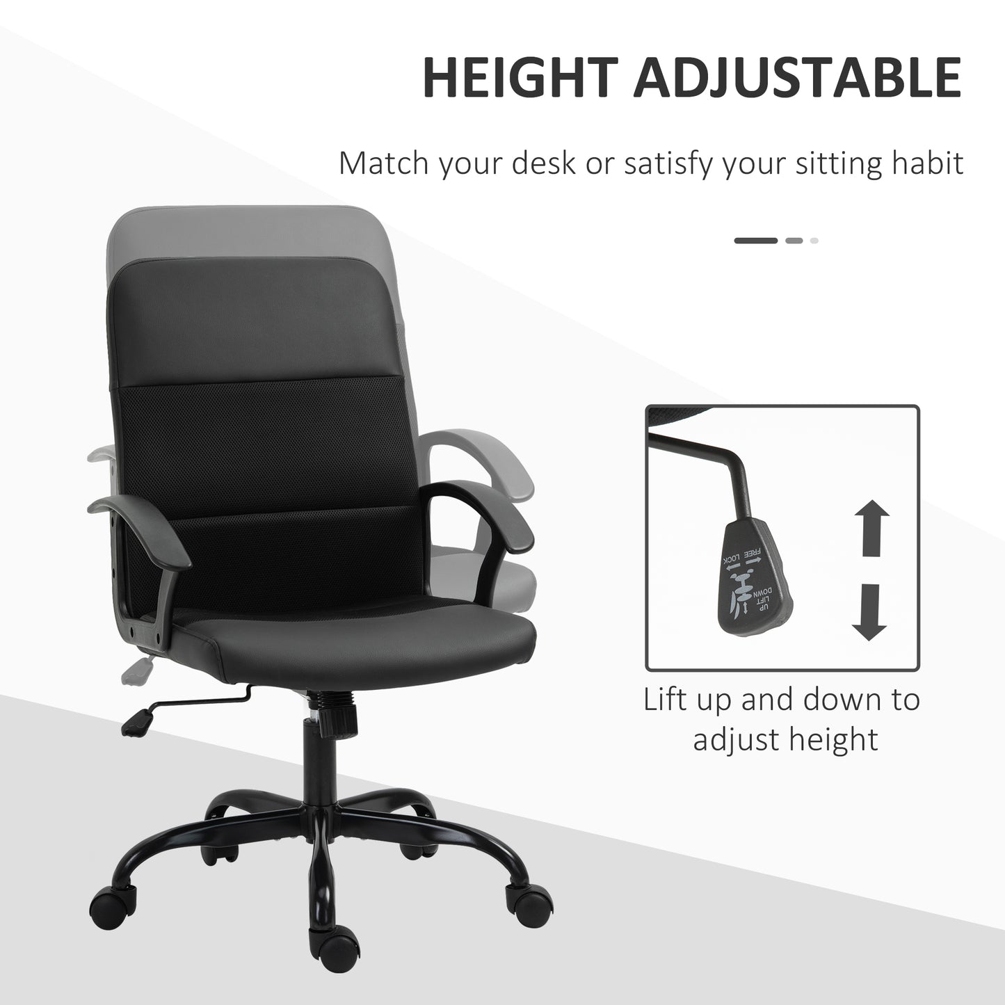 Image for Vinsetto PVC Leather & Mesh Panel Blend Office Chair Swivel Seat w/ Padding Ergonomic Desk Adjustable Height Tilt 5 Wheels Stylish Black