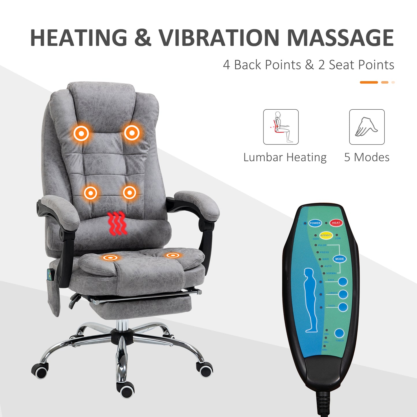 Image for Vinsetto Heated 6 Points Vibration Massage Executive Office Chair Adjustable Swivel Ergonomic High Back Desk Chair Recliner with Footrest Grey