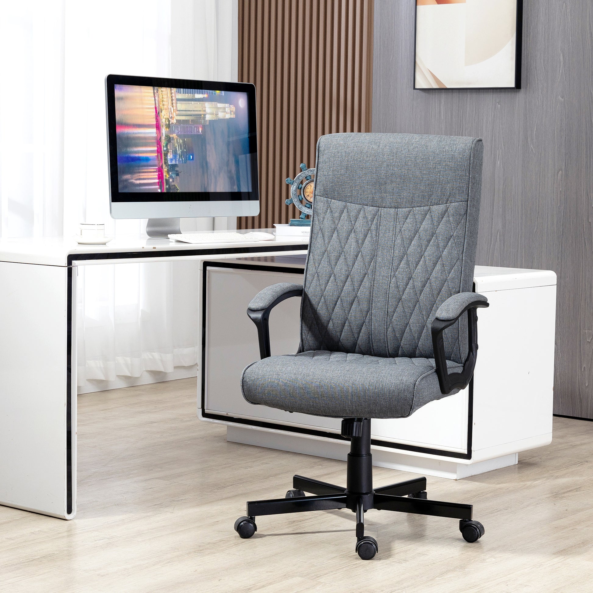 Image for Vinsetto High-Back Home Office Chair, Linen Swivel Computer Chair with Adjustable Height and Tilt Function for Living Room, Bedroom, Study, Dark Grey