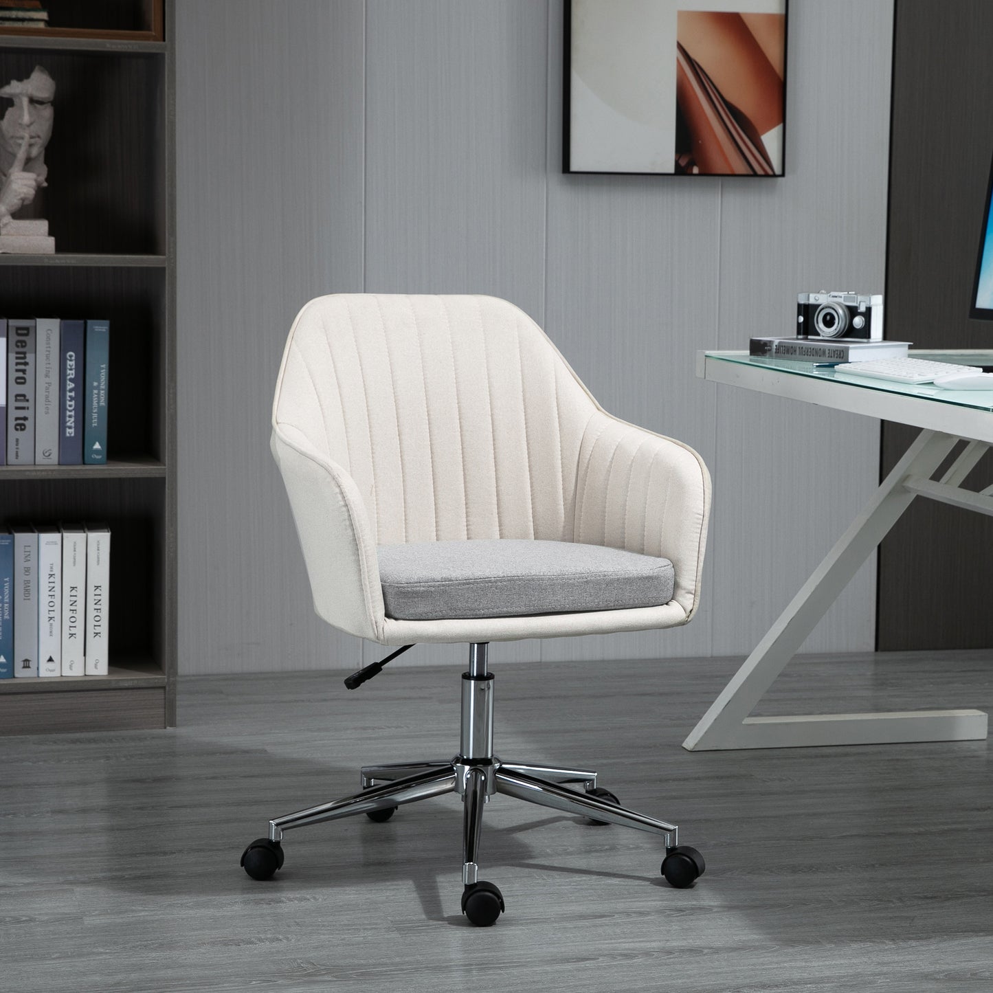 Image for Vinsetto Leisure Office Chair Linen Fabric Swivel Scallop Shape Computer Desk Chair Home Study Bedroom with Wheels, Beige