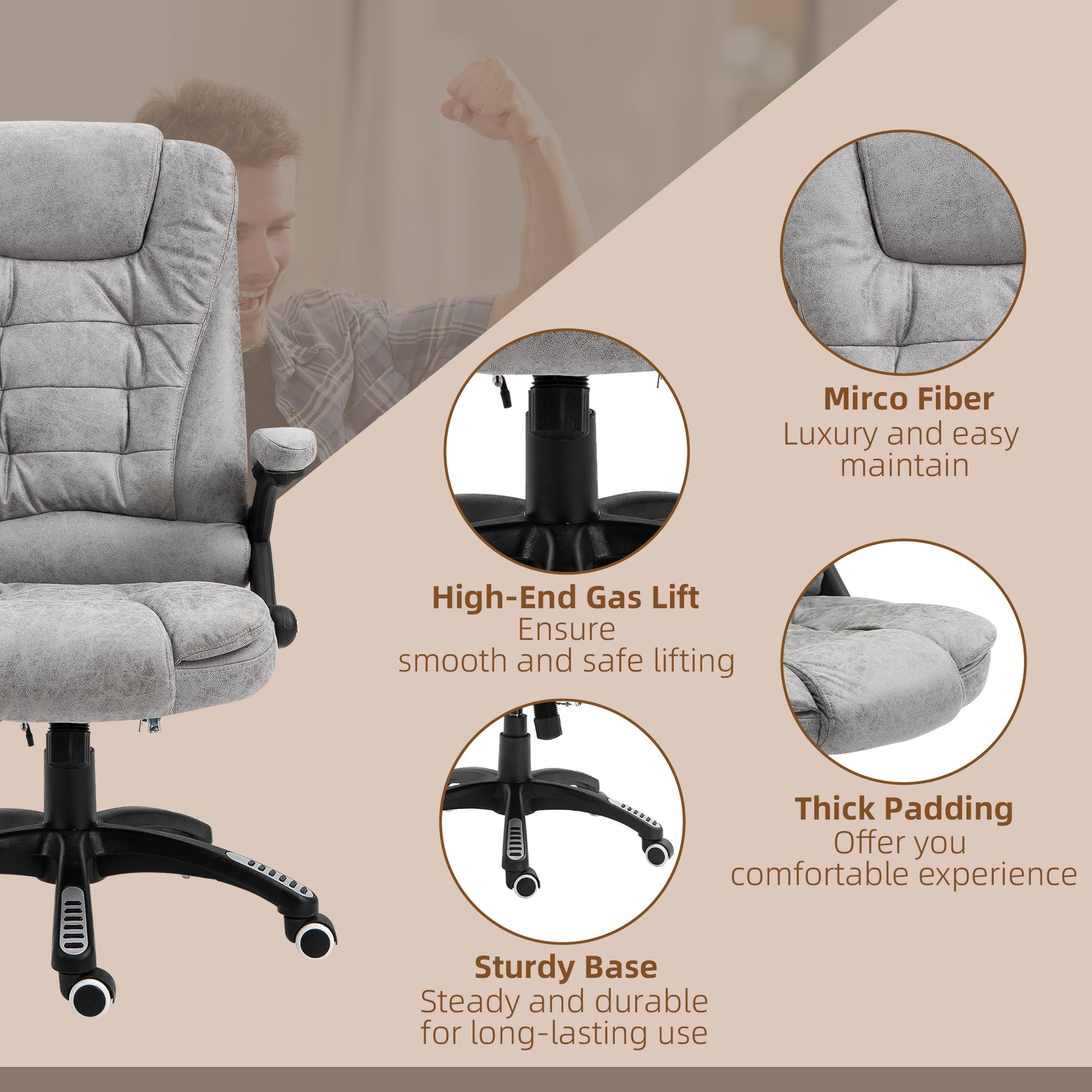 Image for Vinsetto Massage Recliner Chair Heated Office Chair with Six Massage Points Microfiber Cloth 360° Swivel Wheels Grey