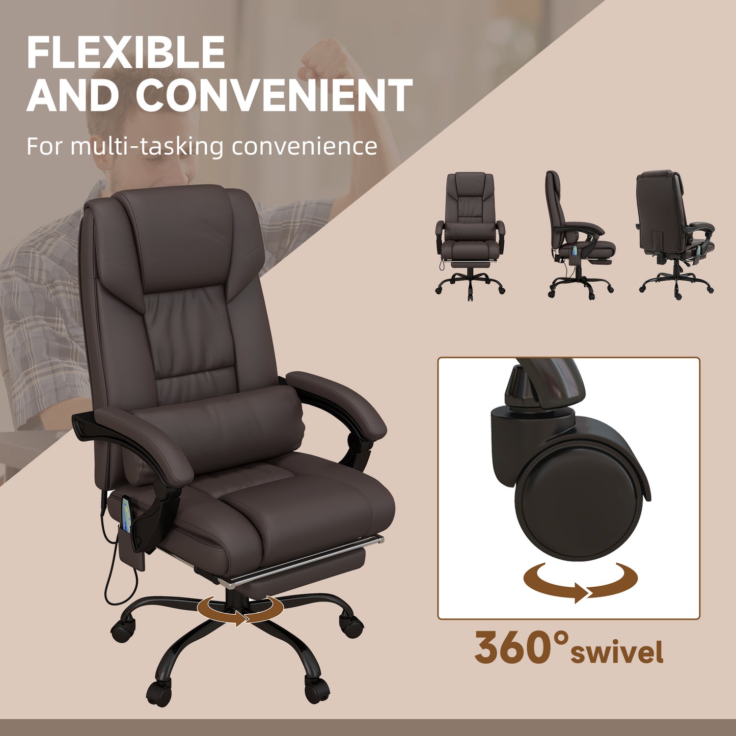 Image for Vinsetto 6-Point PU Leather Massage Office Chair with Swivel Wheels, Reclining Chair Office with Footrest, Remote, Brown