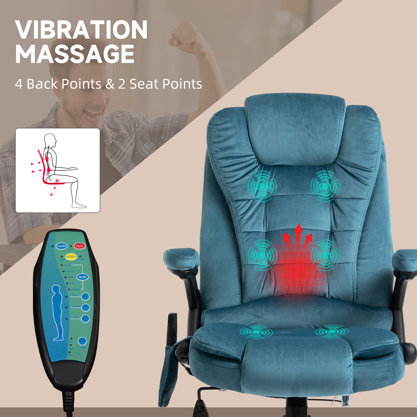 Image for Vinsetto Massage Recliner Chair Heated Office Chair with Six Massage Points Velvet-Feel Fabric 360° Swivel Wheels Blue