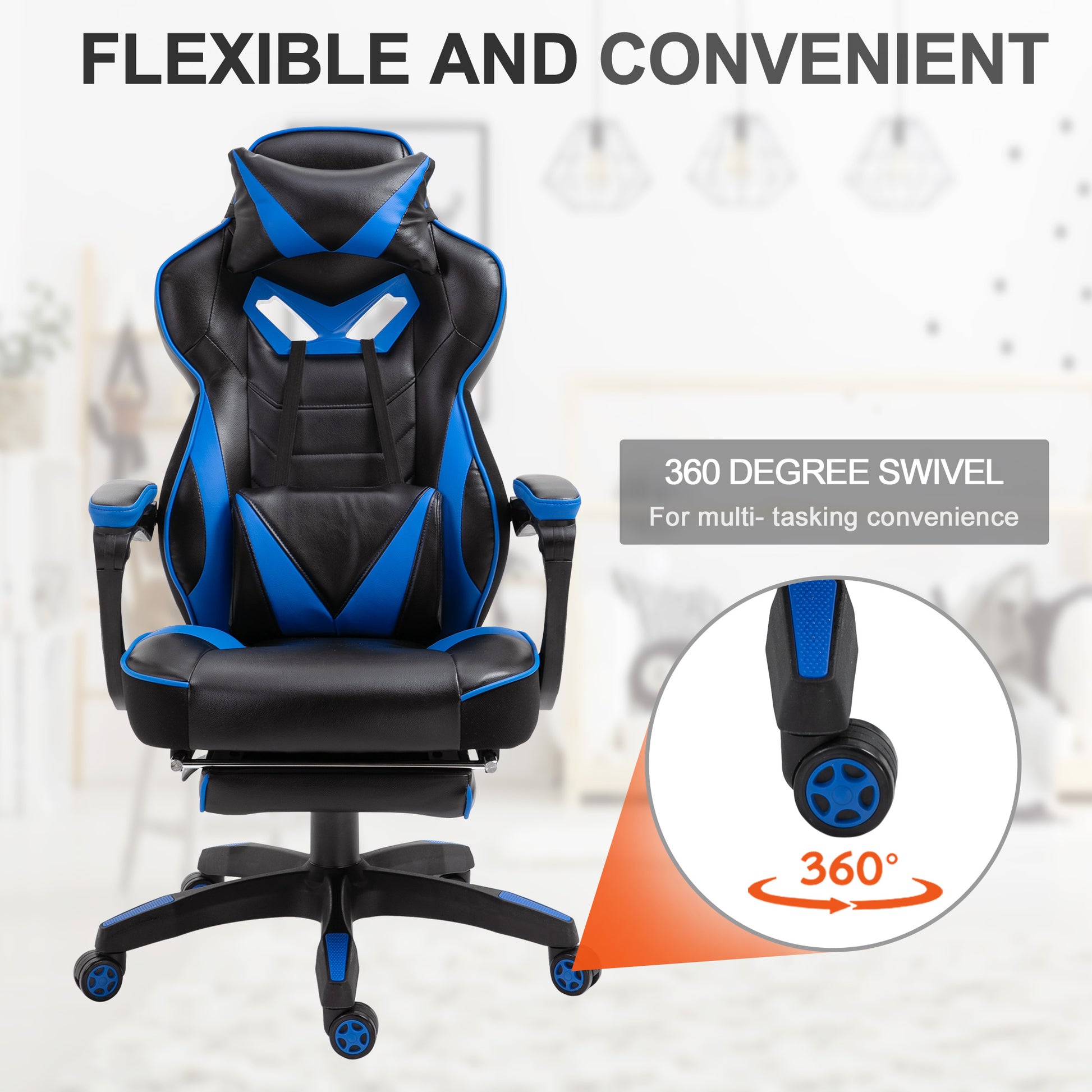 Image for Vinsetto Ergonomic Racing Gaming Chair Office Desk Chair Adjustable Height Recliner with Wheels, Headrest, Lumbar Support, Retractable Footrest Blue