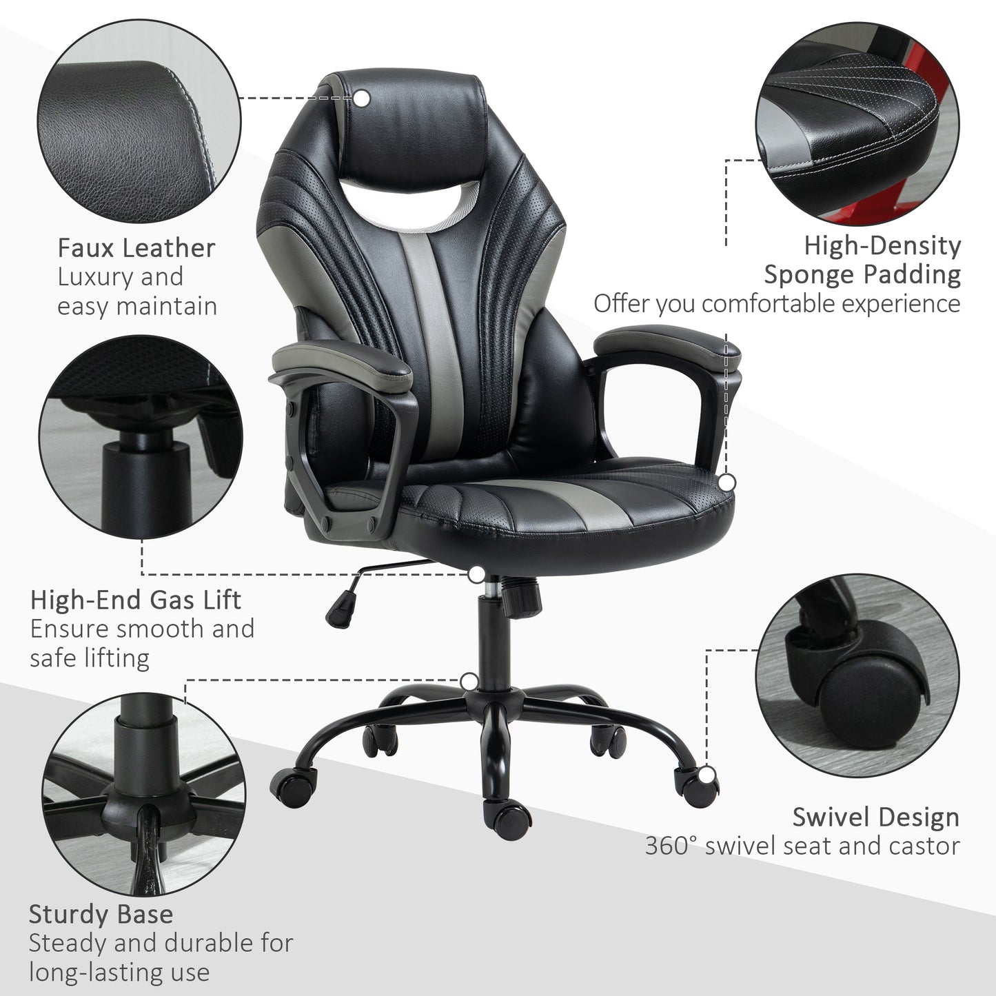 Image for Vinsetto Racing Gaming Chair, Home Office Computer Desk Chair, Faux Leather Gamer Chair with Swivel Wheels, Black Grey