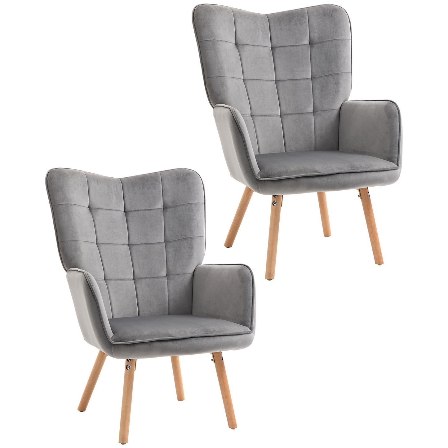 Modern Accent Chair Velvet-Touch Tufted Wingback Armchair Upholstered Leisure Lounge Sofa Club Chair with Wood Legs, Set of 2