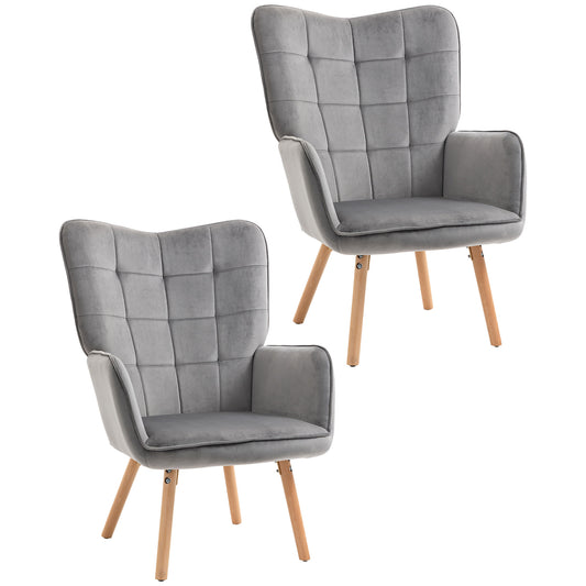 Modern Accent Chair Velvet-Touch Tufted Wingback Armchair Upholstered Leisure Lounge Sofa Club Chair with Wood Legs, Set of 2
