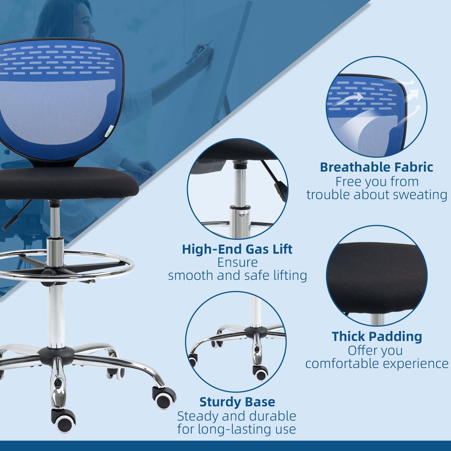 Image for Vinsetto Drafting Chair, Swivel Office Draughtsman Chair, Mesh Standing Desk Chair with Lumbar Support, Adjustable Foot Ring, Armless, Dark Blue