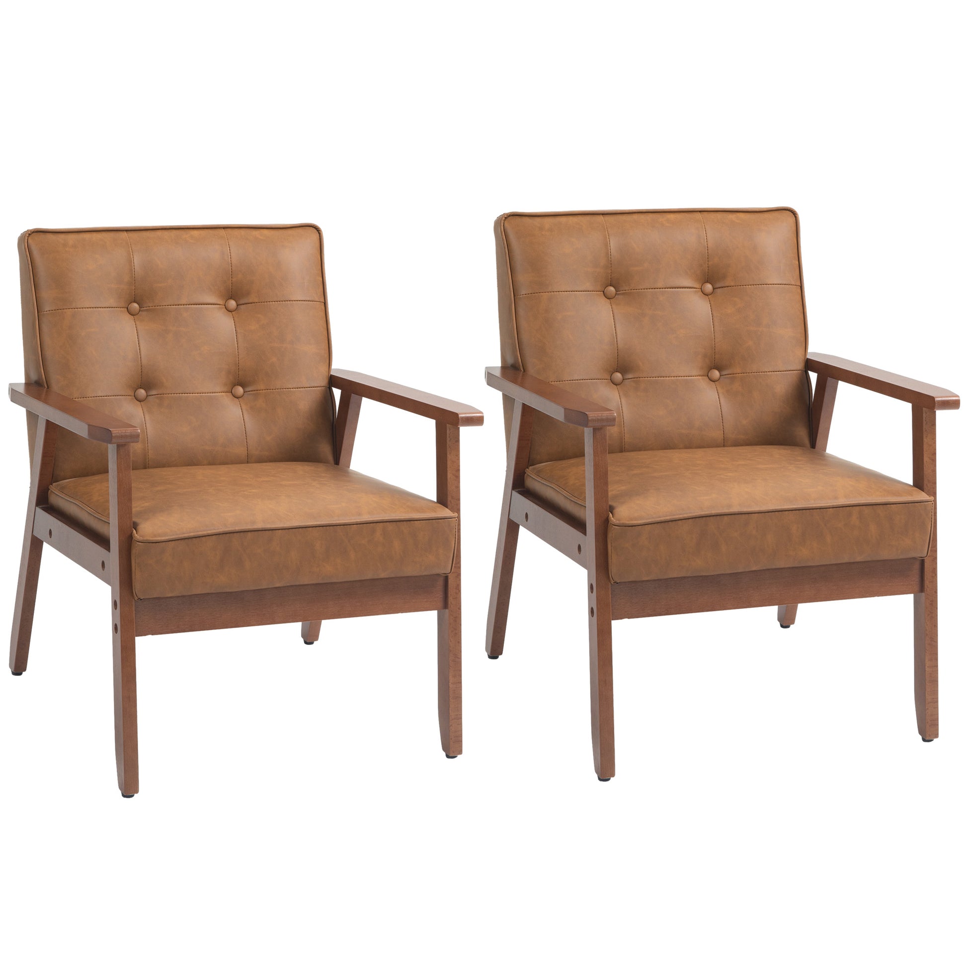 HOMCOM 2 Pack Retro-Style Accent Chair, with Faux Leather Seat - Brown - ChairwayUK