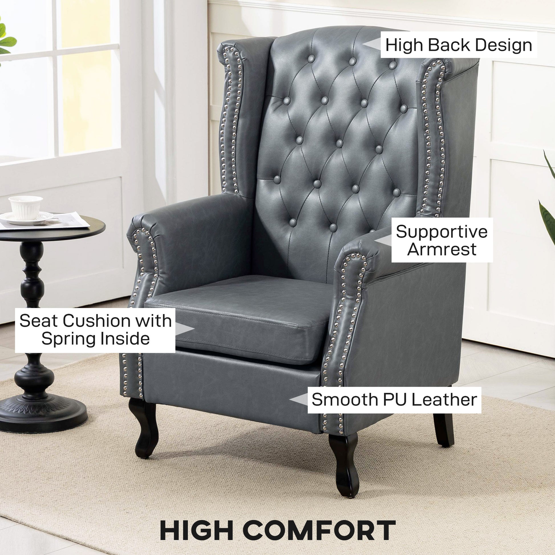 HOMCOM Wingback Accent Chair Tufted Chesterfield-style Armchair with Nail Head Trim for Living Room Bedroom - ChairwayUK