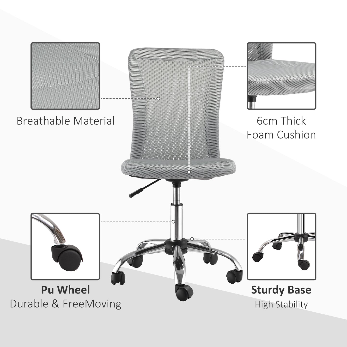 Image for Vinsetto Home Office Mesh Task Chair Ergonomic Armless Mid Back Height Adjustable with Swivel Wheels, Grey