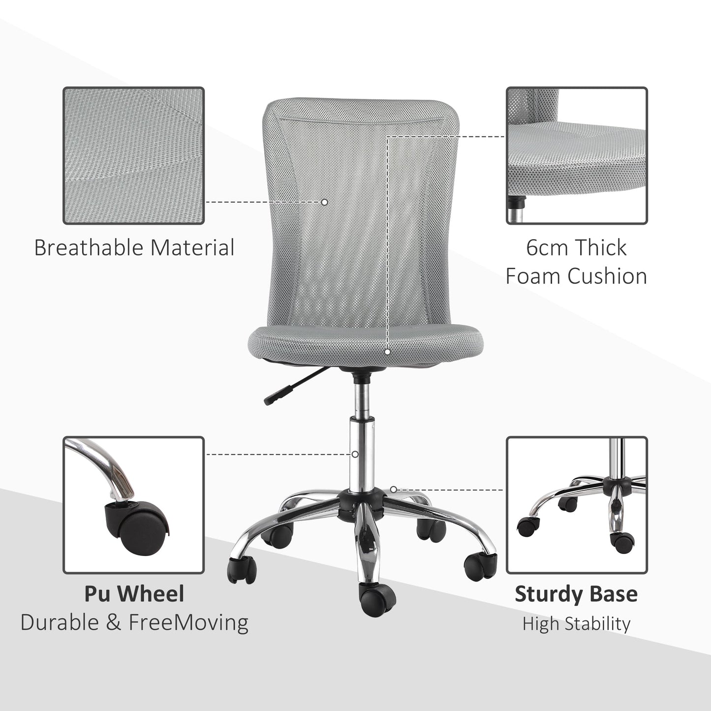 Vinsetto Computer Desk Chair, Mesh Office Chair with Adjustable Height and Swivel Wheels, Armless Study Chair