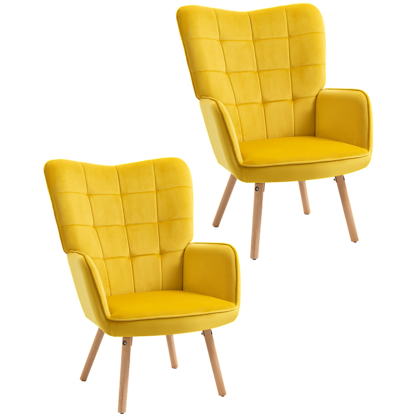 Modern Accent Chair Velvet-Touch Tufted Wingback Armchair Upholstered Leisure Lounge Sofa Club Chair with Wood Legs, Set of 2