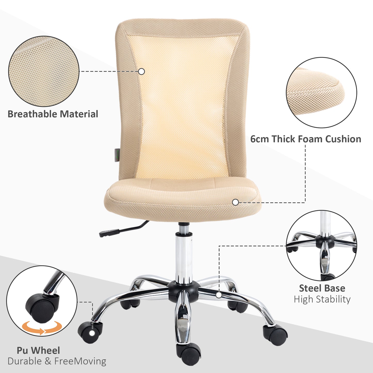 Image for Vinsetto Computer Desk Chair, Mesh Office Chair with Adjustable Height and Swivel Wheels, Armless Study Chair, Beige