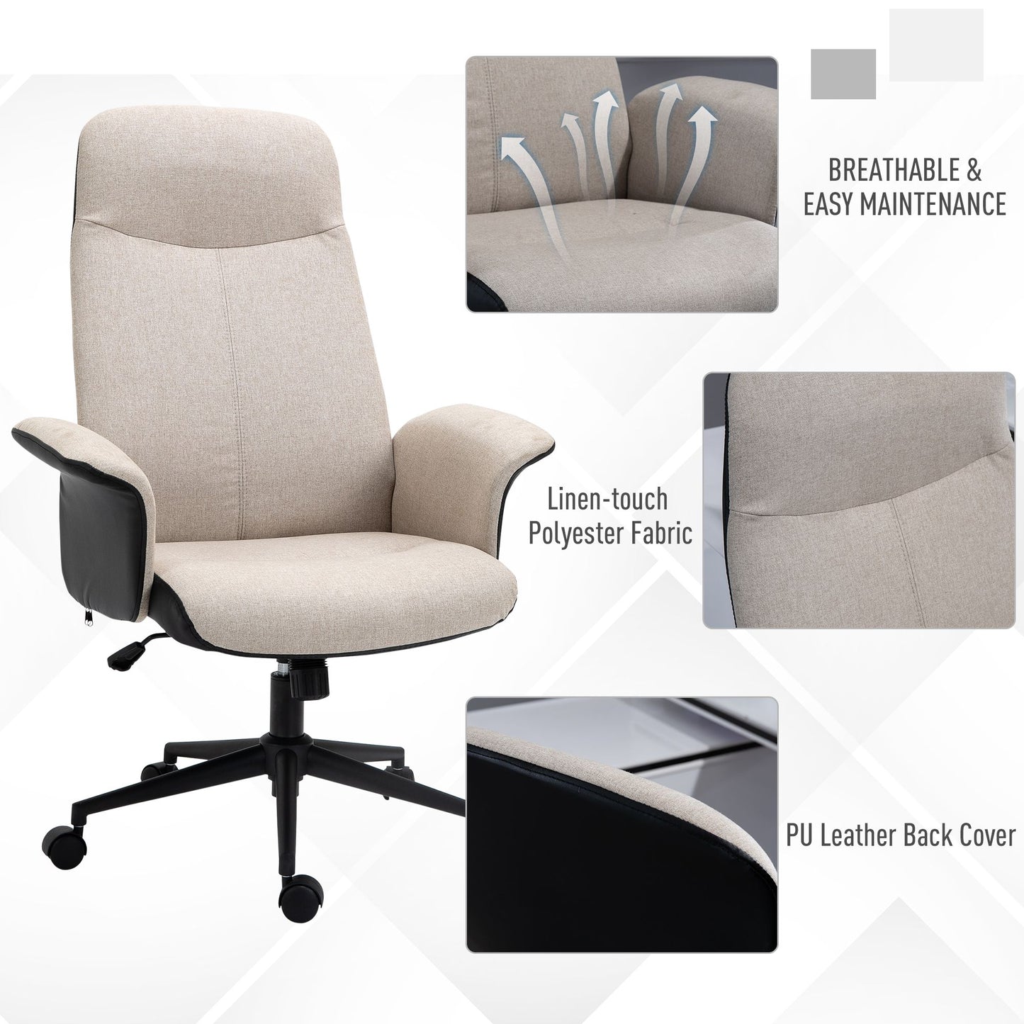 Image for Vinsetto High Back Office Chair, Linen Fabric Computer Desk Chair with Armrests, Tilt Function, Adjustable Seat Height, Beige