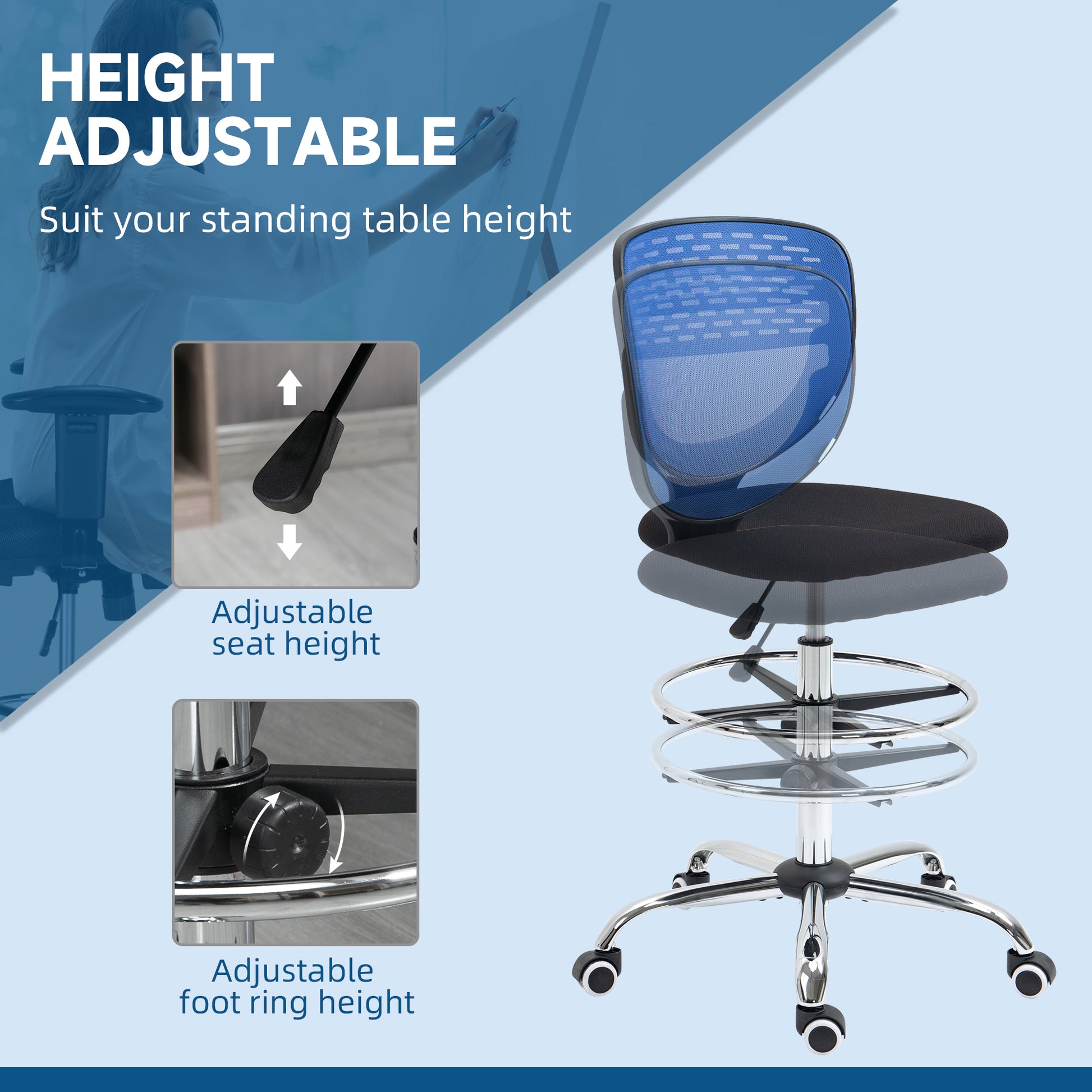 Image for Vinsetto Drafting Chair, Swivel Office Draughtsman Chair, Mesh Standing Desk Chair with Lumbar Support, Adjustable Foot Ring, Armless, Dark Blue