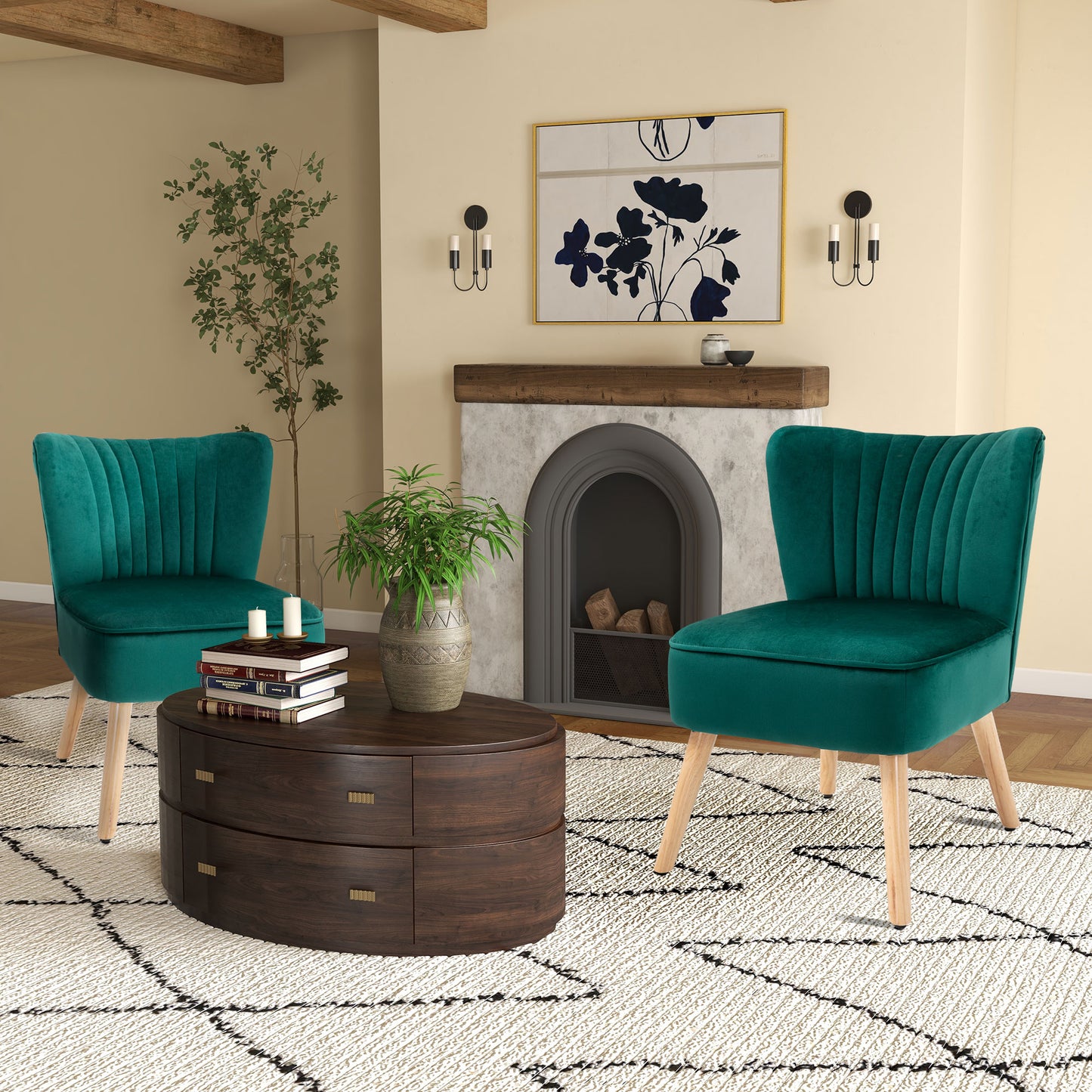 HOMCOM Velvet Accent Chair Occasional Tub Seat Padding Curved Back with Wood Frame Legs Home Furniture Set of 2 Grey