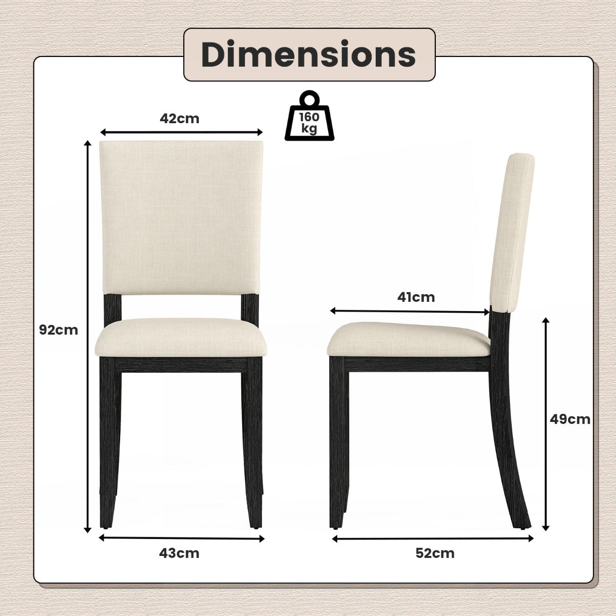 Upholstered Dining Chairs Set of 4 with Soft Padded Seat and Solid Wood Frame Dimensions