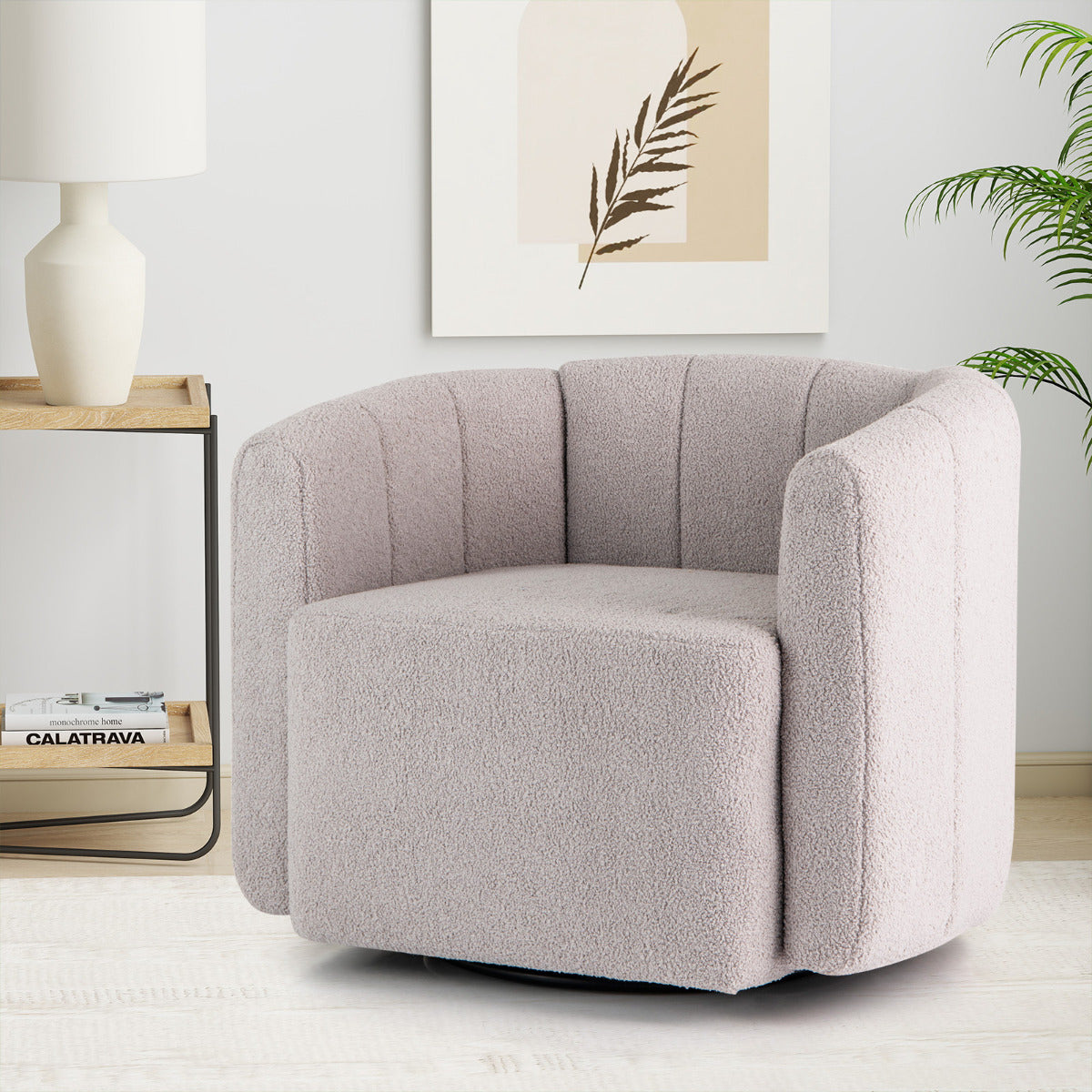 Upholstered Swivel Barrel Chair with Backrest and Armrest Grey living room with plants and vase 
