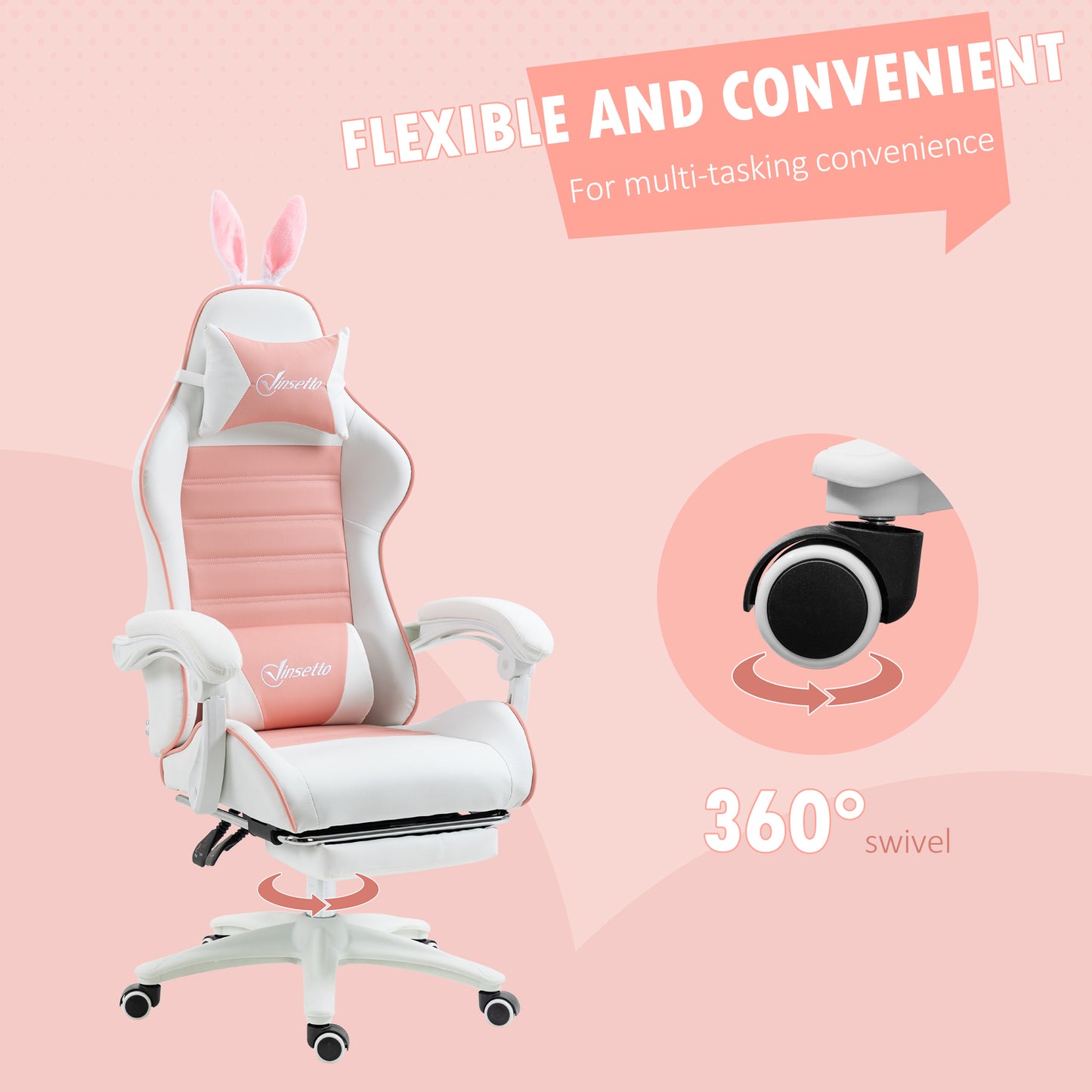 Image for Vinsetto Racing Gaming Chair, Reclining PU Leather Computer Chair with Removable Rabbit Ears, Footrest, Headrest and Lumber Support, Pink