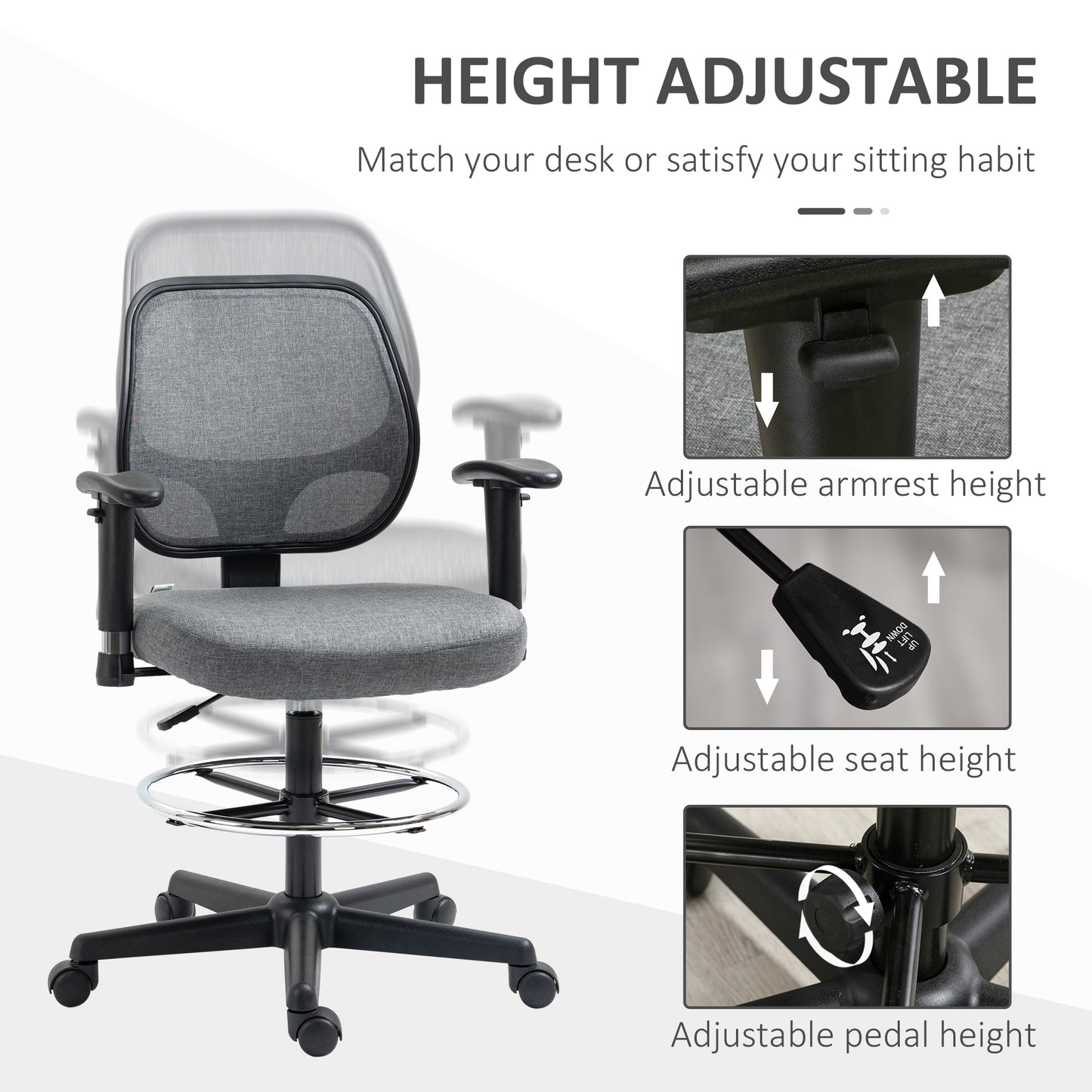 Image for Vinsetto Drafting Chair Tall Office Fabric Standing Desk Chair with Adjustable Footrest Ring, Arm, Swivel Wheels, Grey