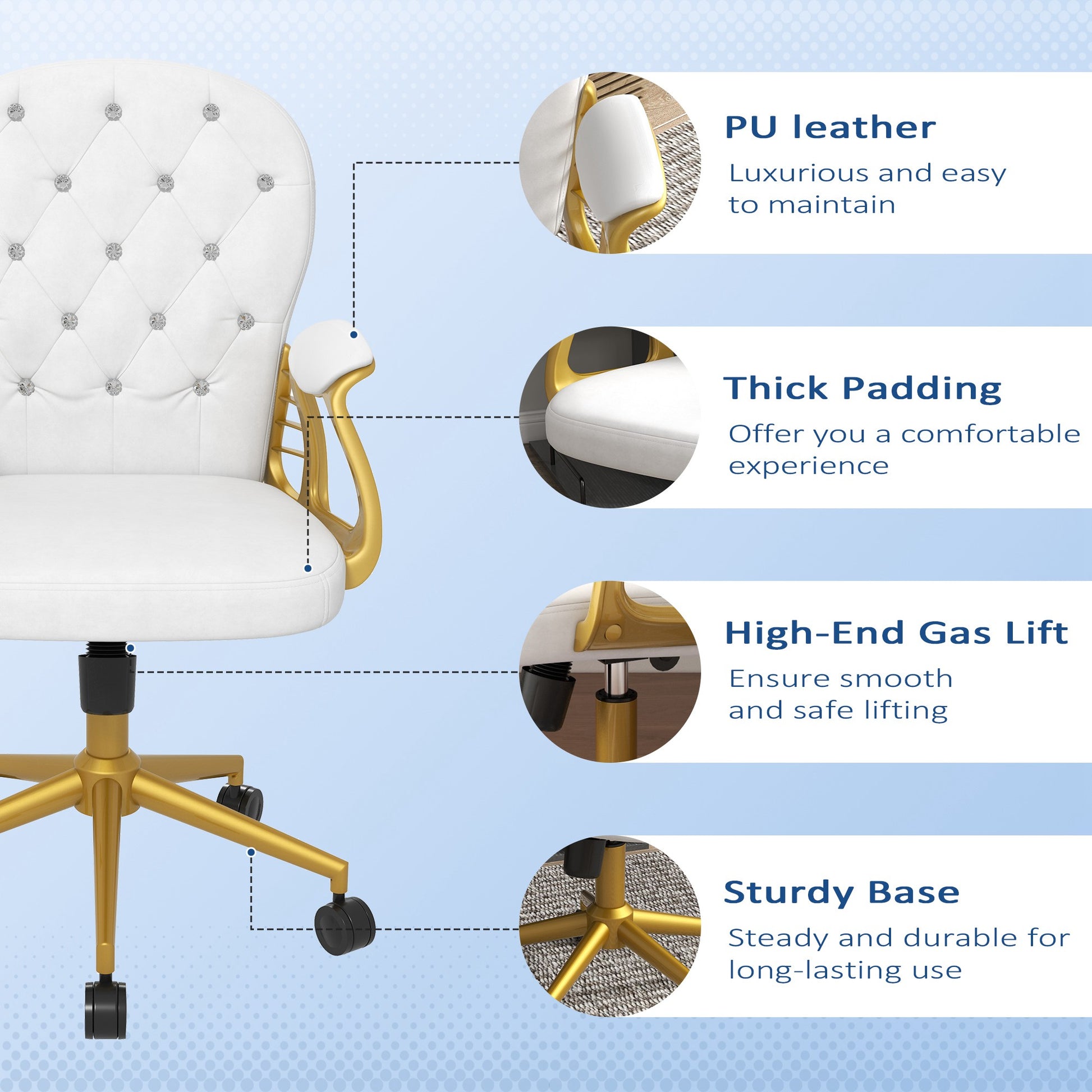 Image for Vinsetto Height Adjustable Home Office Chair, Button Tufted Computer Chair with Padded Armrests and Tilt Function, Cream White