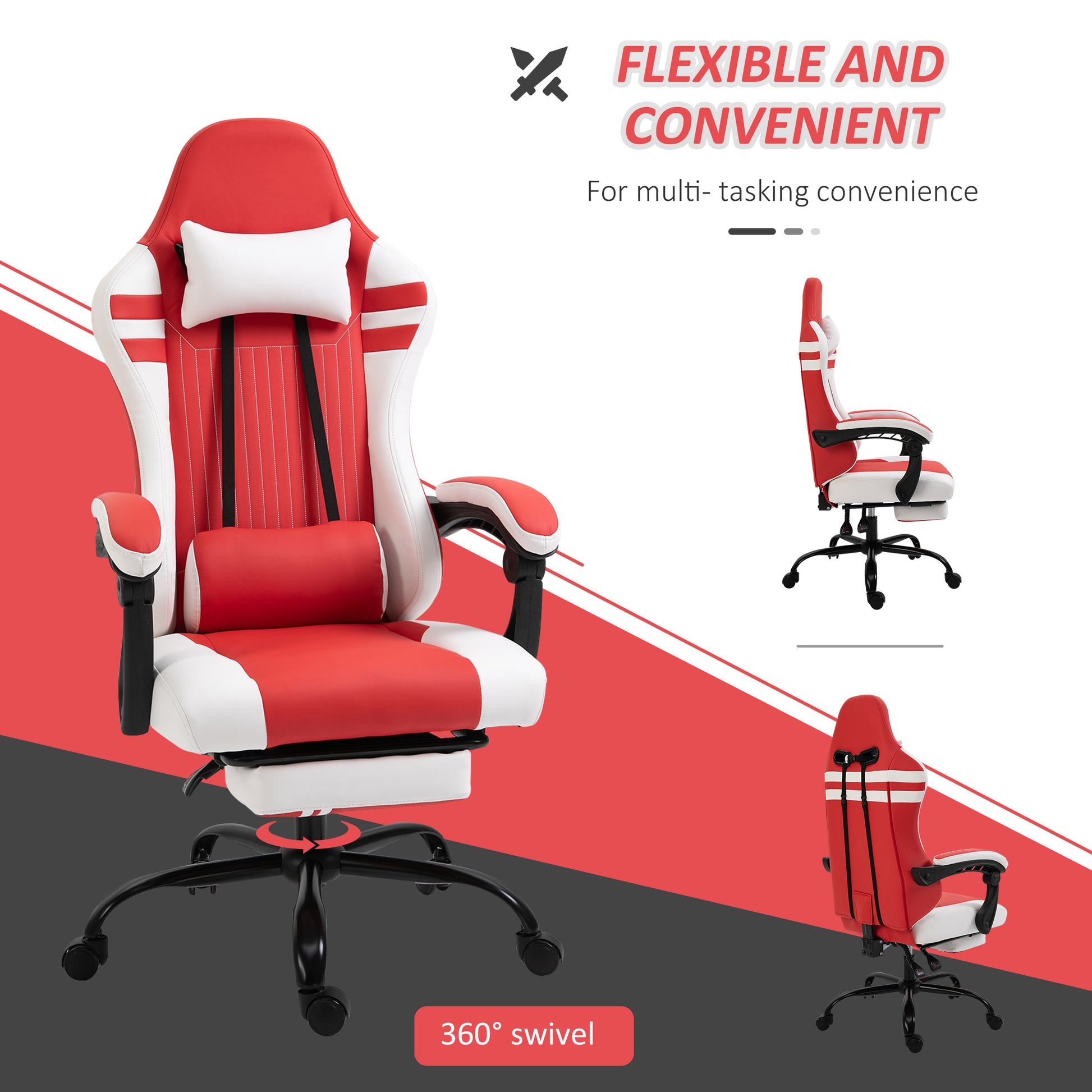 Image for Vinsetto PU Leather Gaming Chair w/ Headrest, Footrest, Wheels, Adjustable Height, Racing Gamer Recliner, Red White