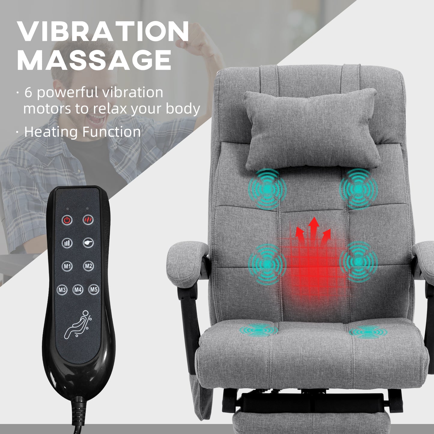 Image for Vinsetto Vibration Massage Office Chair with Heat, Fabric Computer Chair with Head Pillow, Footrest, Armrest, Reclining Back, Grey