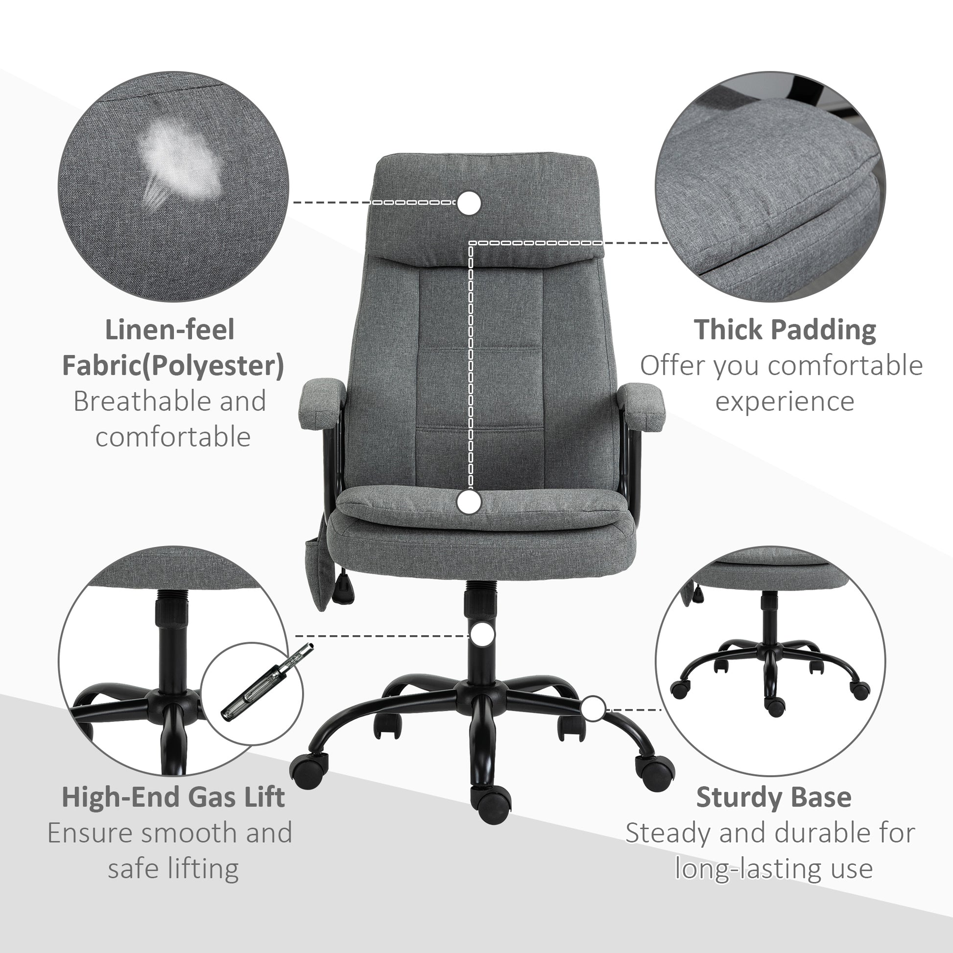 Image for Vinsetto 2-Point Massage Office Chair Linen-Look Ergonomic Adjustable Height w/ 360° Swivel 5 Castor Wheels Rocking Comfortable Executive Seat Grey