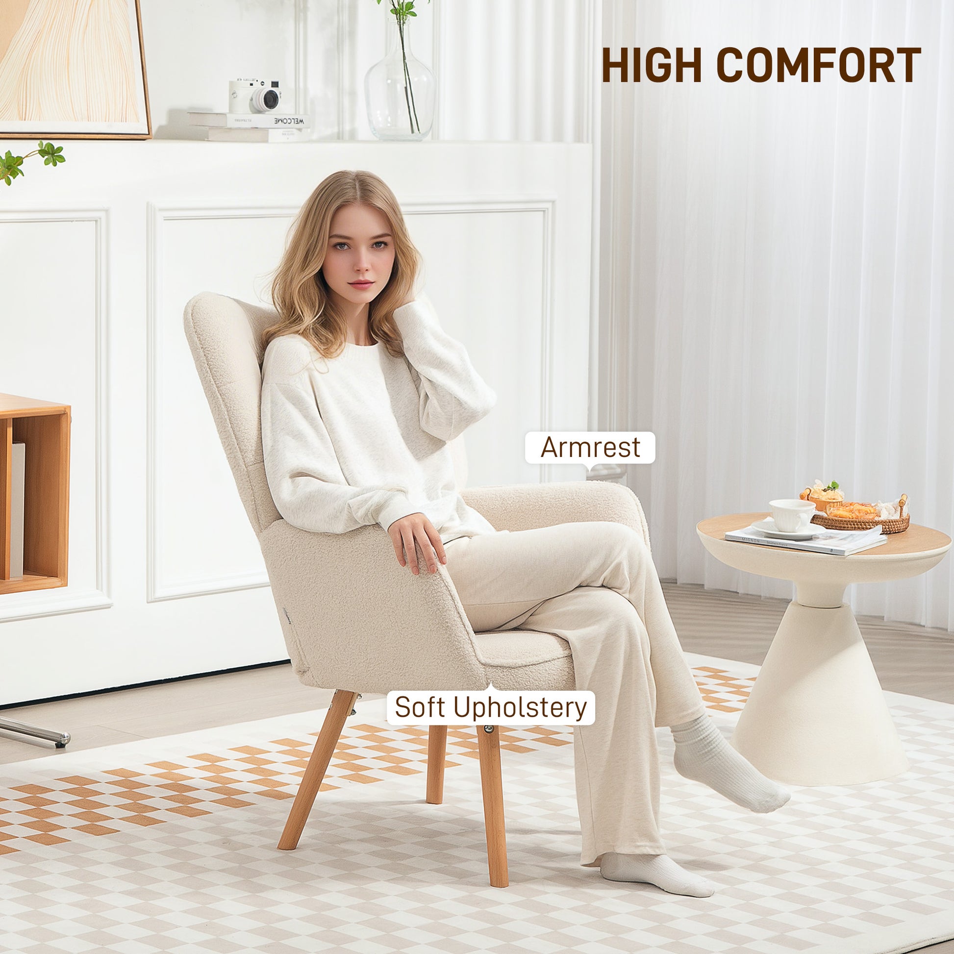 HOMCOM Modern Accent Chair, Upholstered Tufted Wingback Armchair with Seat Padding, Teddy Fleece Leisure Lounge Bedroom Chair with Wood Legs, Cream White - ChairwayUK