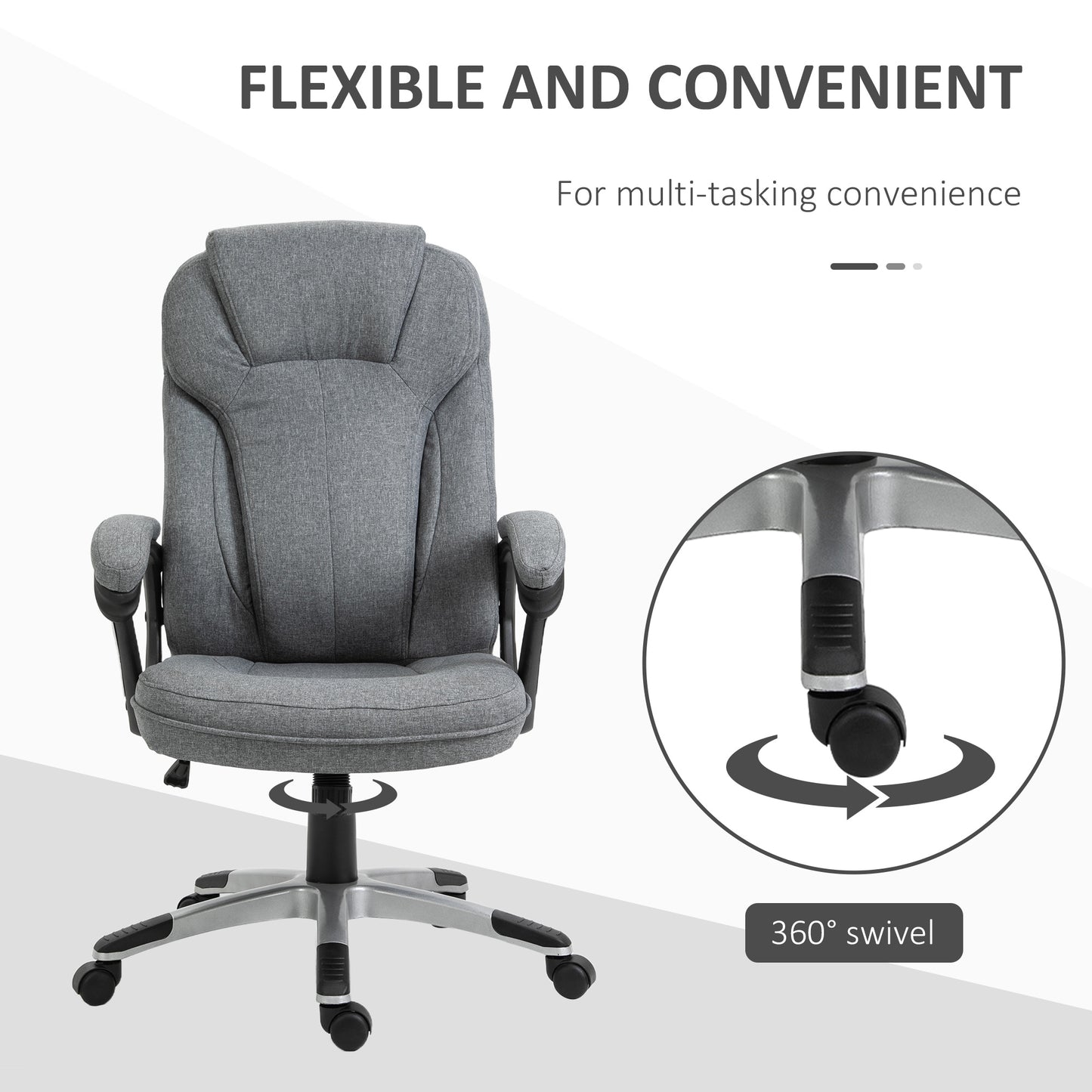 Image for Vinsetto Swivel Chair Linen Fabric Home Office Chair, Height Adjustable Computer Chair with Padded Armrests and Tilt Function, Grey