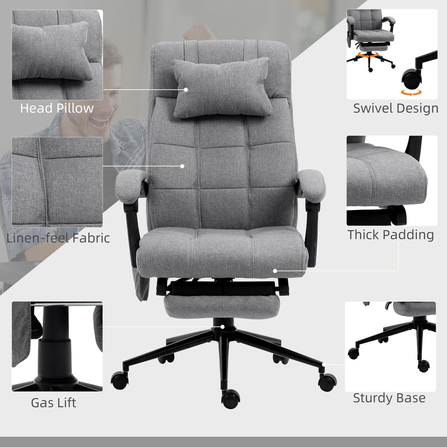 Image for Vinsetto Vibration Massage Office Chair with Heat, Fabric Computer Chair with Head Pillow, Footrest, Armrest, Reclining Back, Grey