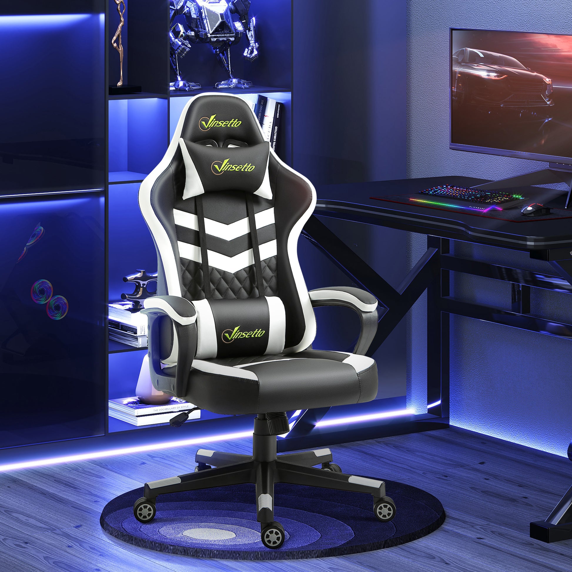 Image for Vinsetto Racing Gaming Chair with Lumbar Support, Headrest, Swivel Wheel, PVC Leather Gamer Desk Chair for Home Office, Black White