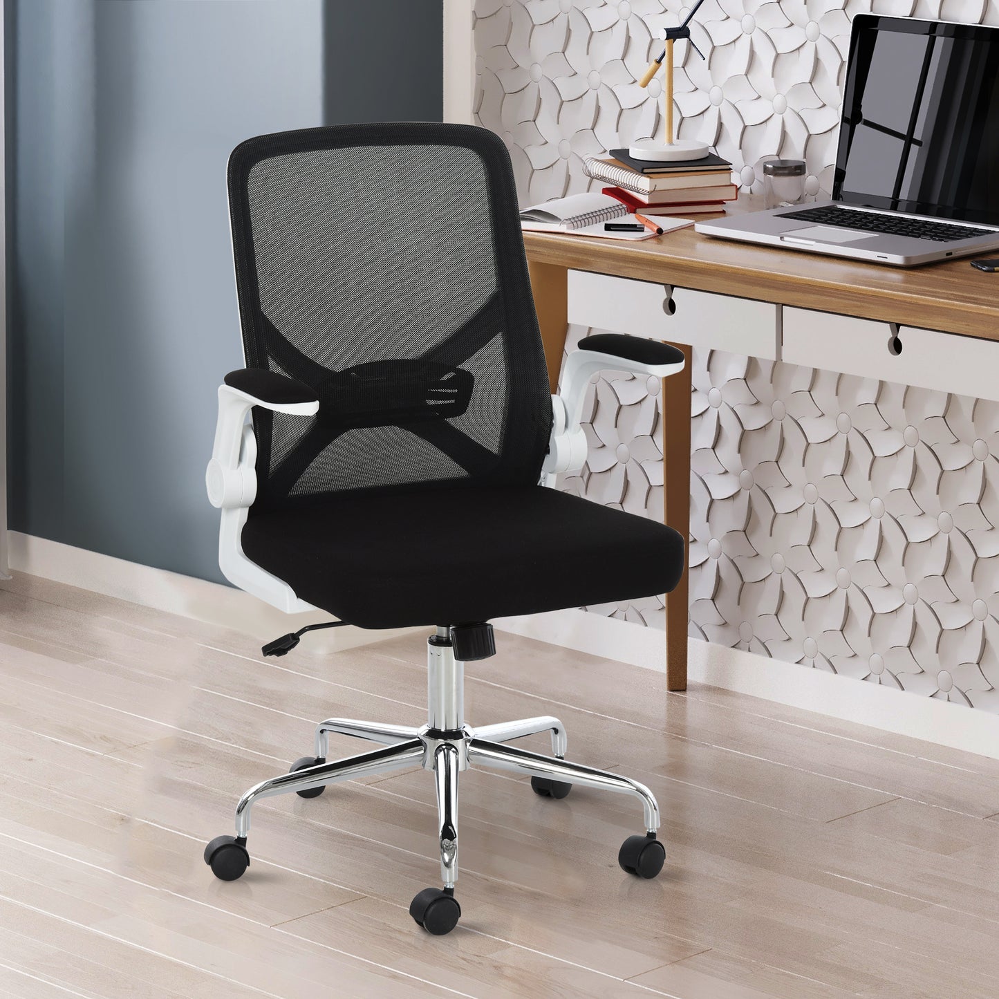 Image for Vinsetto Mesh Office Chair with Flip-Up Arm, Lumbar Support, Home Task High Back Swivel Chair Adjustable Height, Black