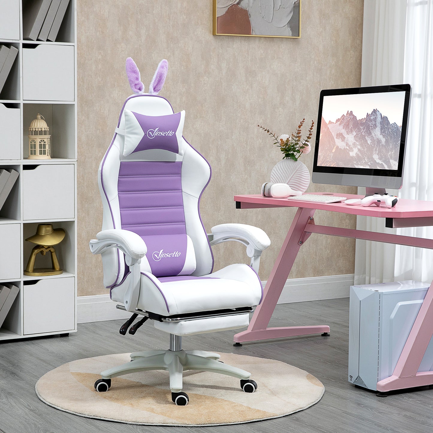 Image for Vinsetto Racing Gaming Chair, Reclining PU Leather Computer Chair with Removable Rabbit Ears, Footrest, Headrest and Lumber Support, Purple