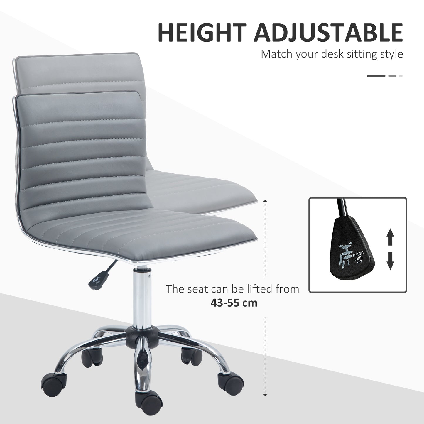 Image for Vinsetto Adjustable Swivel Office Chair with Armless Mid-Back in PU Leather and Chrome Base - Light Grey